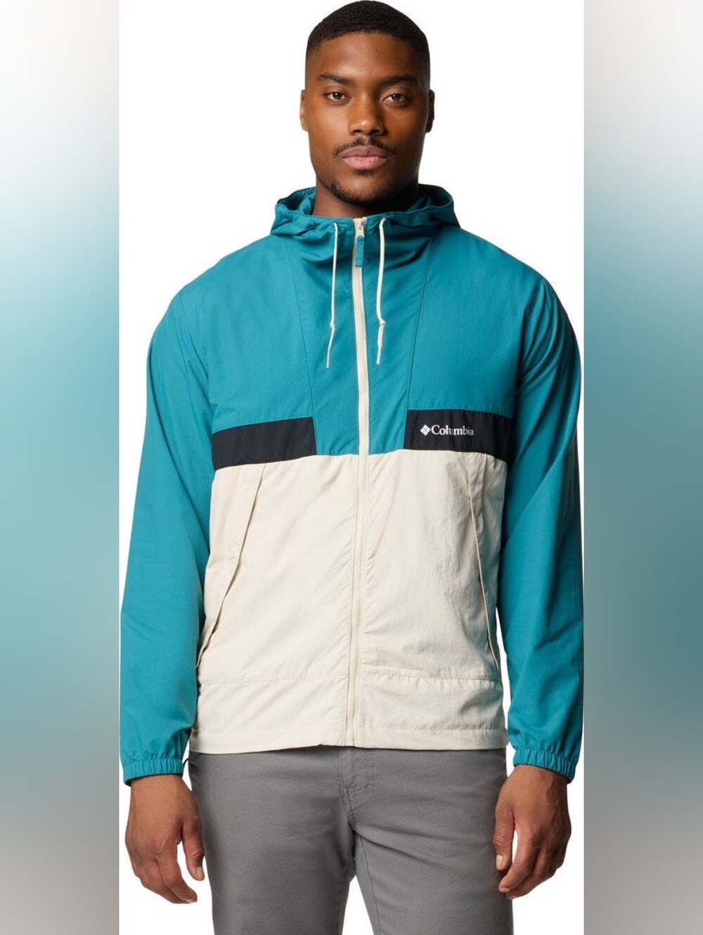 Columbia Spire Valley Hooded Windbreaker Jacket Mens Size L Blue Teal Beige